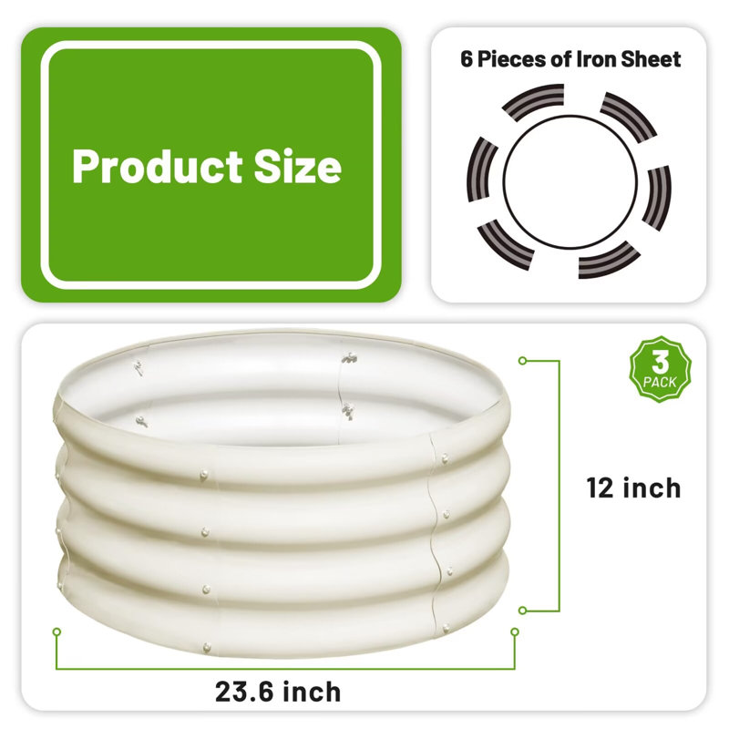 White Round Galvanized Metal Raised Garden Bed Kit, 3-Pack