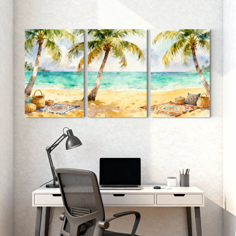 Palmiers, plage tropicale, palmiers et tapis, ensemble de 3 impressions sur toile, H 24 po x l 48 po