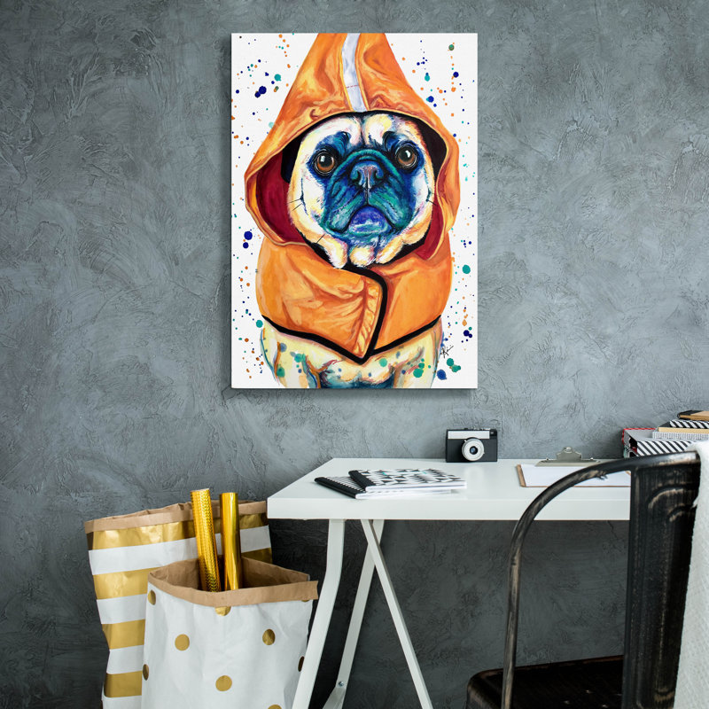 Art mural sur toile Winston Porter «Rainbow Dogs Pug In Raincoat» par Lindsay Kivi, H 26 po x l 18 po x P 0,75 po