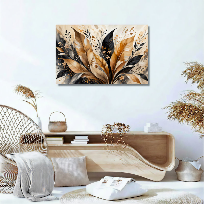 Toile abstraite, feuilles dorées et noires avec jets floraux, H 20 po x l 30 po