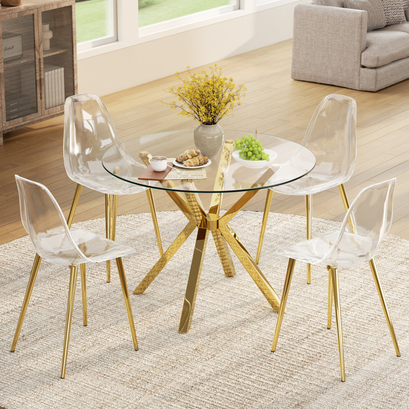 5-Piece Modern Clear Dining Set With Clear Dining Chair For Dining Room, Clear/Gold, Clear/Gold