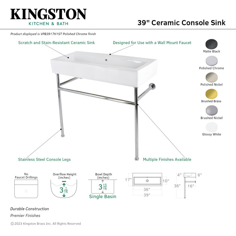 Kingston Brass New Haven 39-Inch Porcelain Console Sink with Stainless Steel Legs, Polished Chrome
