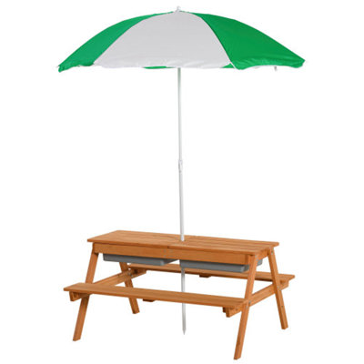Outsunny Kids Picnic Table with Umbrella & Storage Inside, Sand & Water Table for Garden, Patio, Balcony