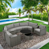 9-piece Outdoor Half-moon Wicker Conversation Sets With 1 Nesting Coffee Table And Tempered Glass Top
