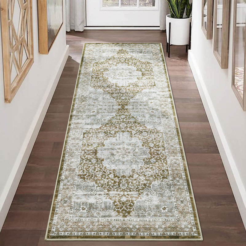 Farquhar Oriental Machine Washable Rug with Rubber Backing for Living Room Floral Non-Slip Area Rug Vintage Indoor Carpet Non-Shedding Rug for Bedroom Dining Room Hallway Kitchen Office Playroom Nursery