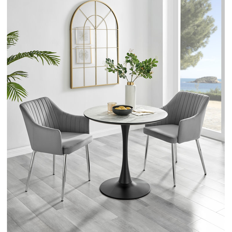 White Marble Effect Round Dining Table And 2 Luxury Velvet Dining Chairs, Gray/Silver