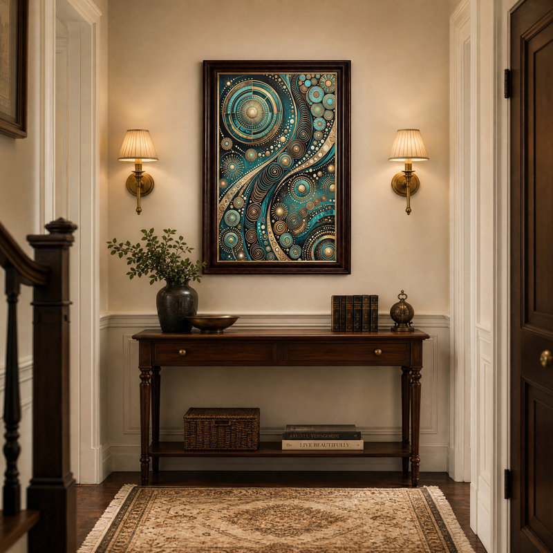 Tableau sur toile à motif géométrique en spirale or et turquoise, H 18 po x l 12 po