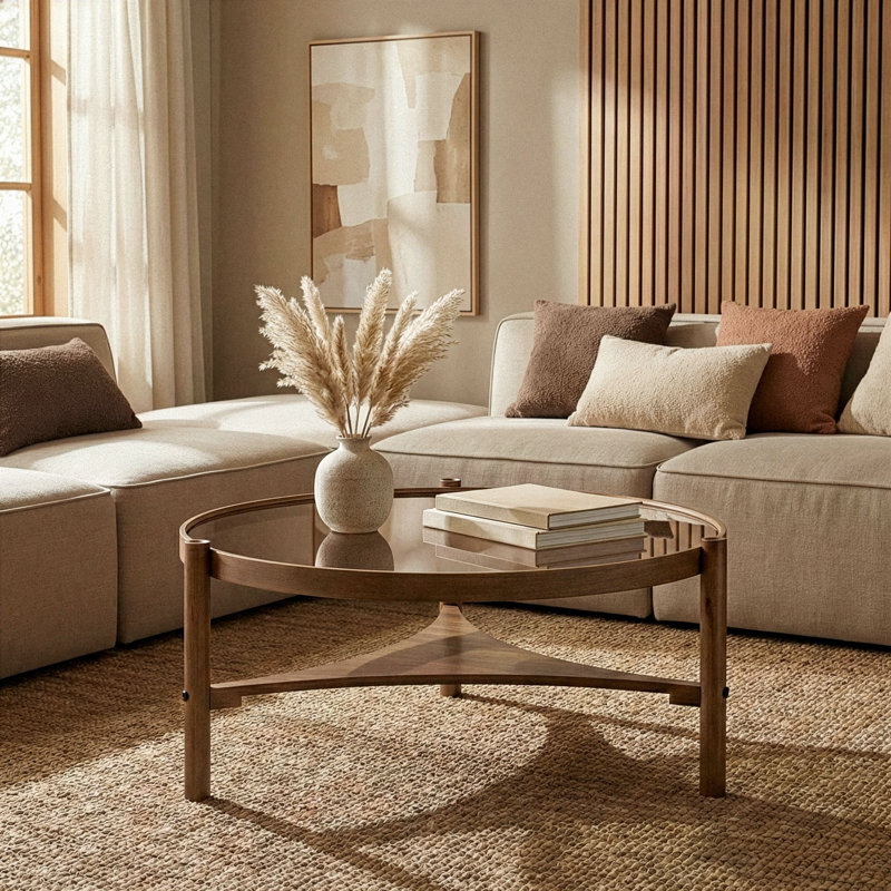 Modern Coffee Table, Walnut Finish, 39.4 x 18.1 x 39.4 inches | 100% Solid Beech Wood Frame, 0.16-inch Thick Tempered Glass Top | Stylish & Durable Design, Perfect for Living Room & Contemporary Spaces
