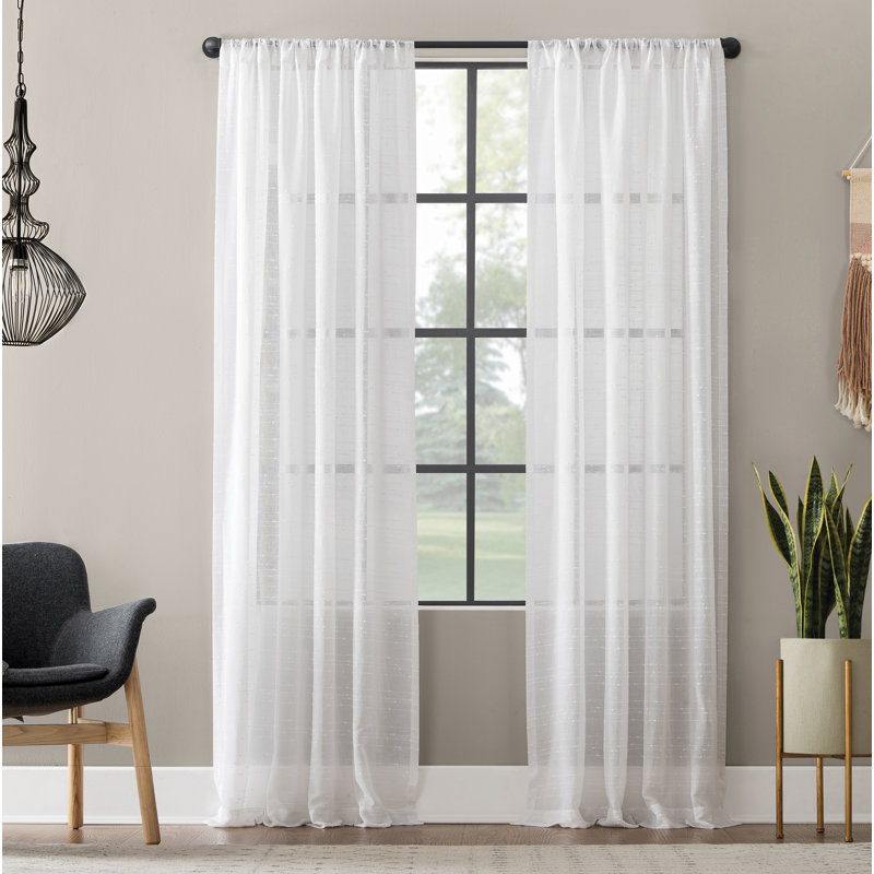 White Linen Blend Sheer Slub Striped Curtain Panel 52"x84"