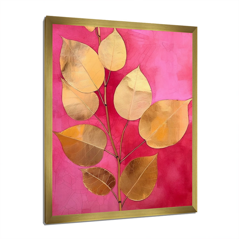 " Pink Gold Leafs Harmony II ", Gold Single Picture Framed, 44" H x 34" W x 1.5" D