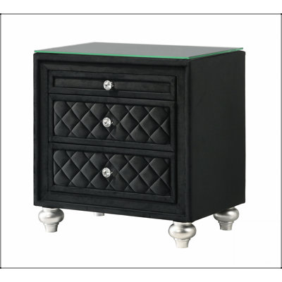 Table de chevet 3 tiroirs Traditional Glam avec façades capitonnées en velours, boutons en faux cristal et plateau à bijoux pour un rangement élégant