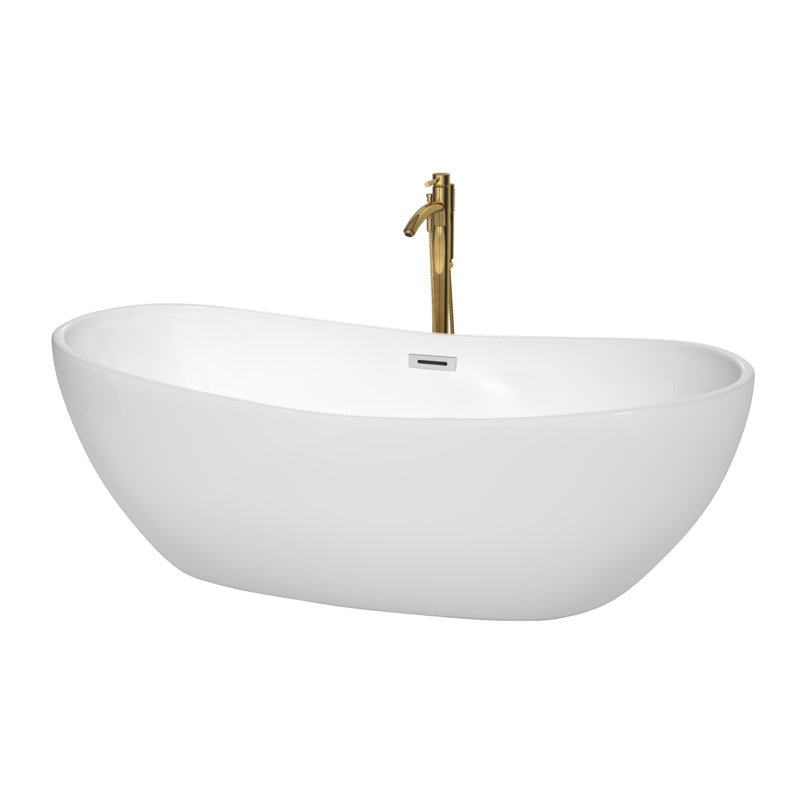 Rebecca 70'' x 32'' Freestanding Soaking Acrylic Bathtub with Faucet, White/Polished Chrome/Brushed Gold