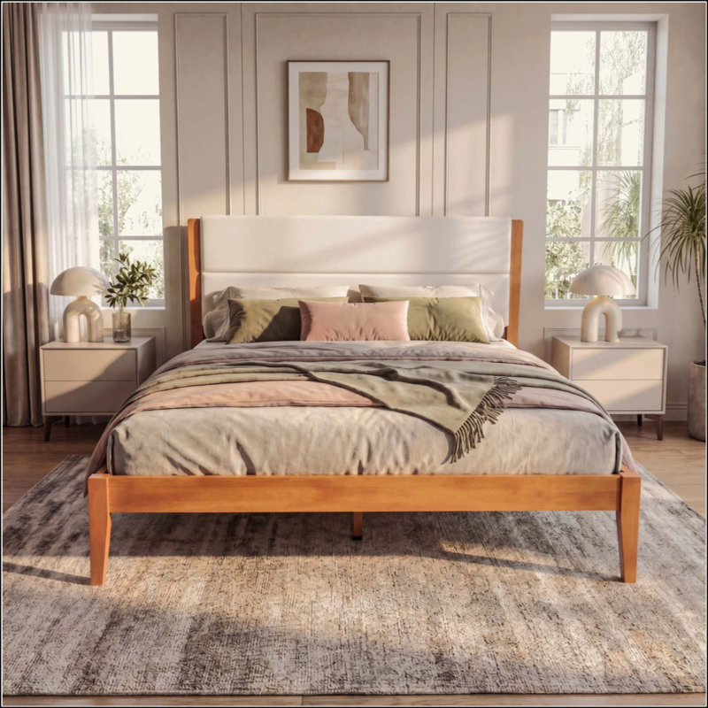 Structure de lit plateforme Mid-Century moderne avec tête de lit tapissier, support de lattes en bois massif, aucun sommier requis, assemblage facile
