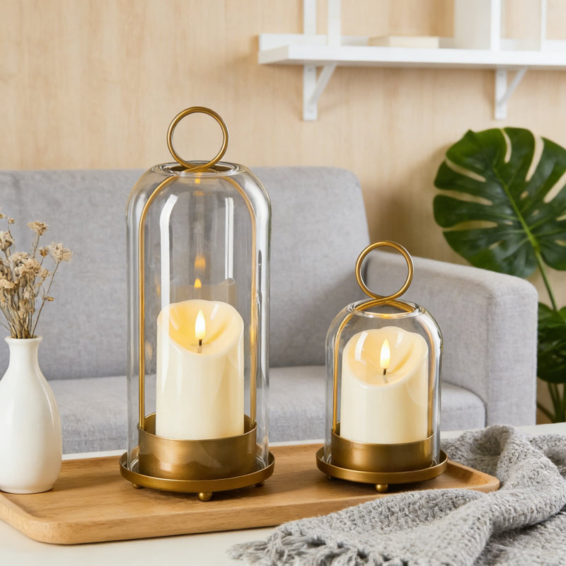 Set Of 2 Hurricane Glass Candle Holders With Handmade Glass Dome And Timer LED Candles, Versatile Metal Base Holder For Pillar Candles And Floral Arrangements In Vintage Brass Finish