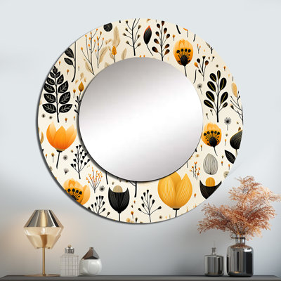 Motif floral beige et bohémien - miroir floral unique, grand miroir mural rond, impression sur métal