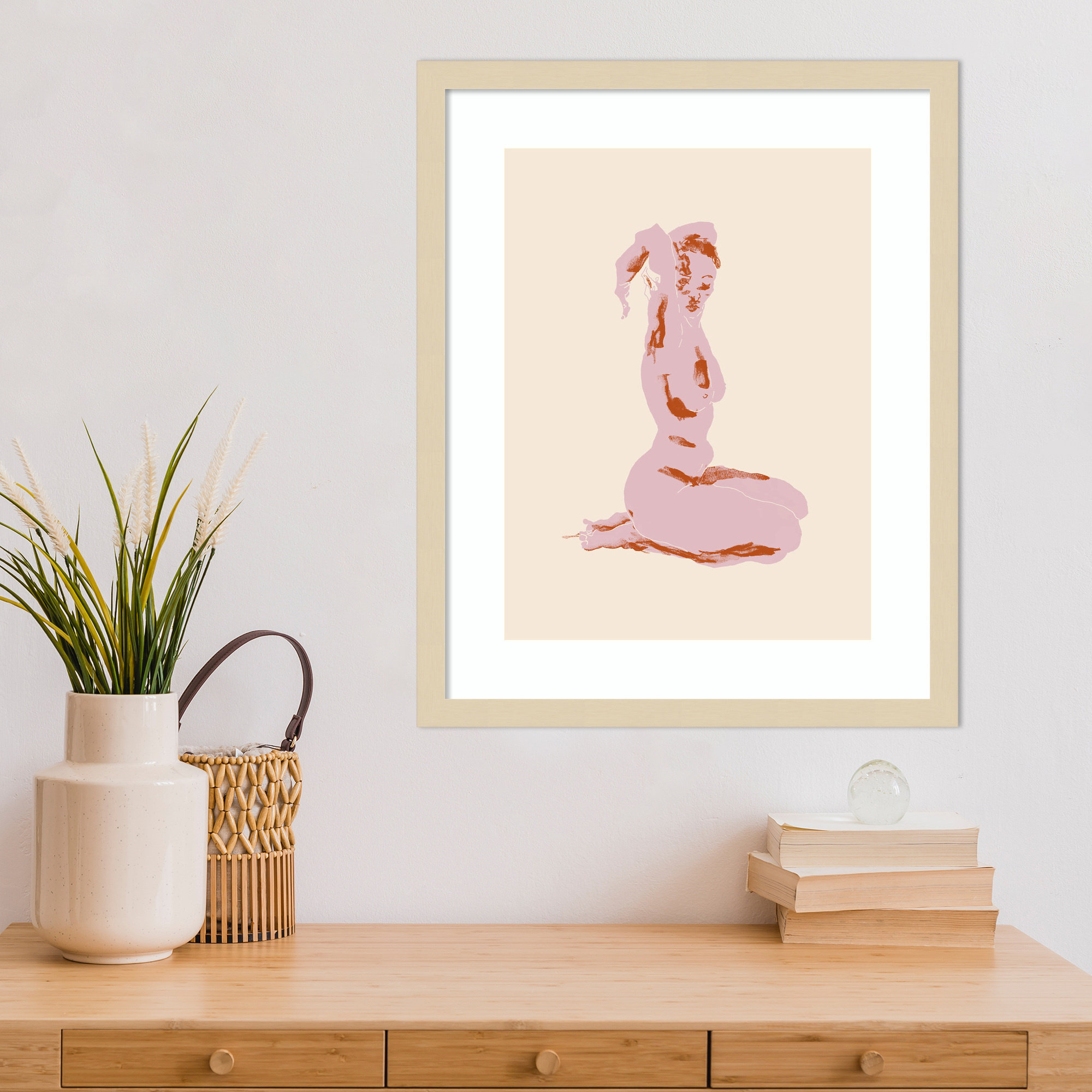 Nude With Arms Folded Over Her Head by Nantucket Wood Framed Wall Art Print, 21" H x 17" W, Brown