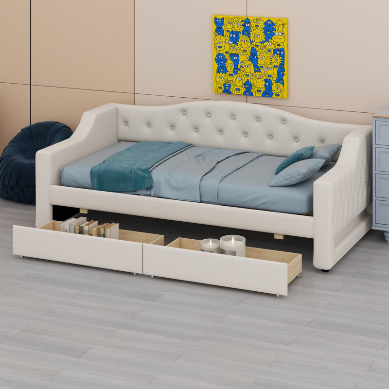 Upholstered Daybed With LED Belt And 2 Drawers, Beige