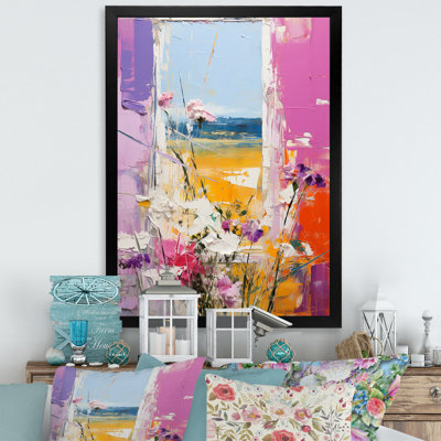 Rose et jaune, fenêtres florales, vue brise I - prairie, art mural