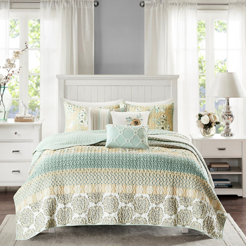 Courtepointe 6 pièces avec coussins décoratifs, coton, imprimé floral et géométrique, décoration de chambre à coucher transitionnelle et look gracieux