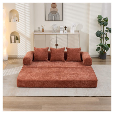 Canapé-lit convertible pliant en chenille orange, canapé futon multi-positions pour l'espace de vie