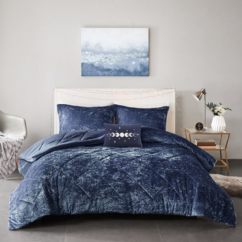 Édredon en velours bleu marine, Édredon double, 2 taies décoratives et 1 coussin, Marine
