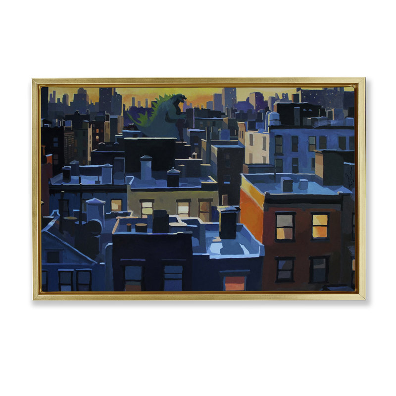 Cityscape with Distant Monster Floating Frame, design by Keith Thomson, 17" H x 25" W, Metallic Gold Floater Frame