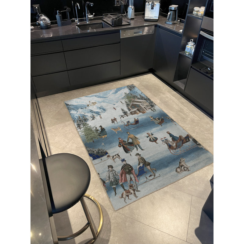 Tapis décoratif moderne de style traîneau, loup et humain à thème hivernal, Rectangle 5 pi 1 po x 7 pi 7 po