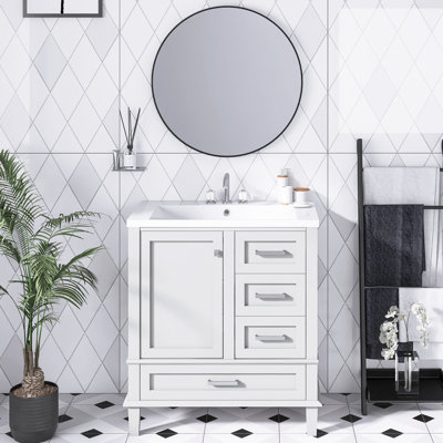 30 pouces Ensemble de meuble-lavabo autoportant gris avec lavabo simple en céramique |  Une porte à fermeture douce et 3 tiroirs | Structure en bois massif | Armoire de salle de bain moderne
