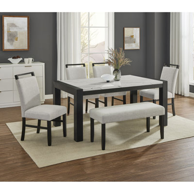 6 pièces ensemble de salle à manger de style contemporain blanc faux marbre table rectangulaire à dossier plein chaises à dossier gris clair noir mobilier de salle à manger