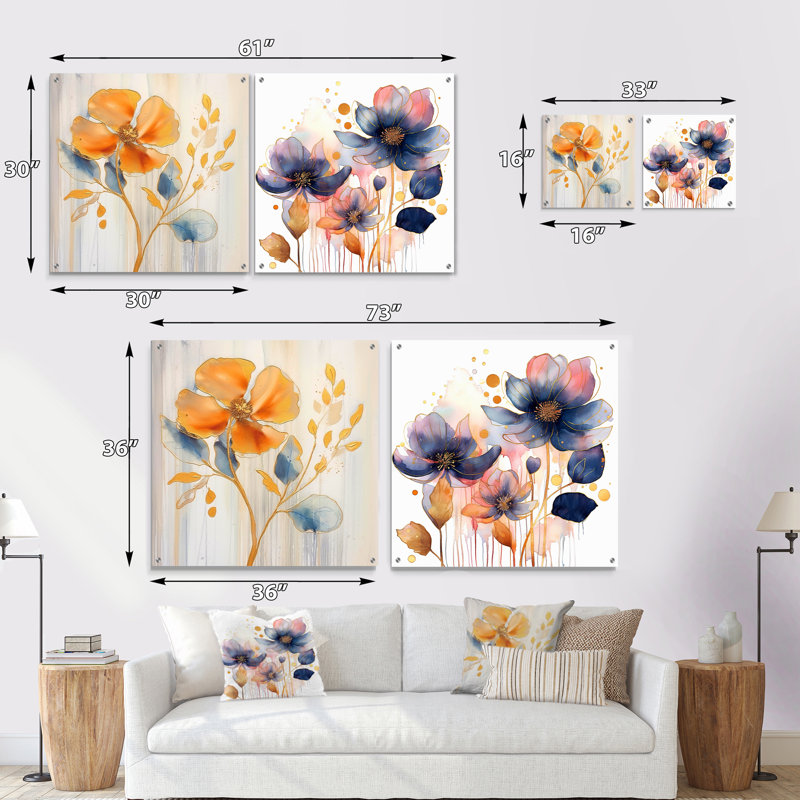 Blooms bleu et beige harmonieux - ensemble abstrait d'art mural en verre acrylique sur 2, H 16 po x l 33 po