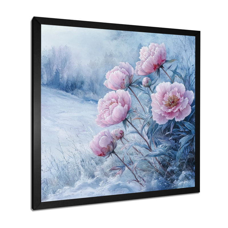 Pivoines dans le champ couvert de givre II - pivoines, art mural, H 16 po x l 16 po, Reproduction encadrée d'une seule photo