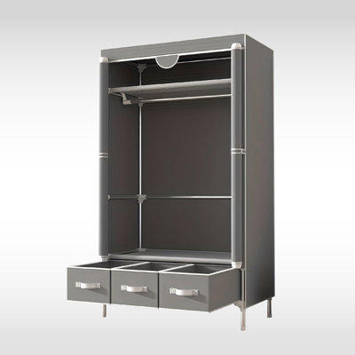 Gray Non-Woven Fabric Portable Closet With Rolling Door & 3 Drawer Boxes – No-Tool Assembly Wardrobe For Bedroom, Dorm, Or Apartment