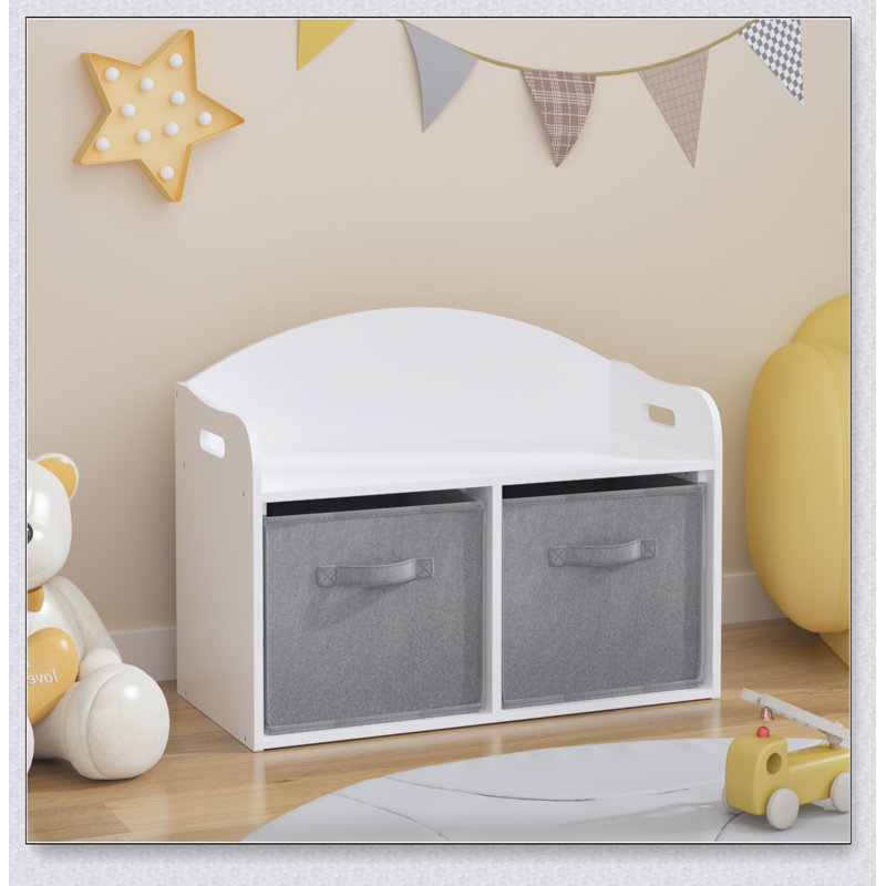 Kids Wooden Toy Box/Bench with Collapsible Fabric Drawers,Toy Storage Cabinet Organizer, White