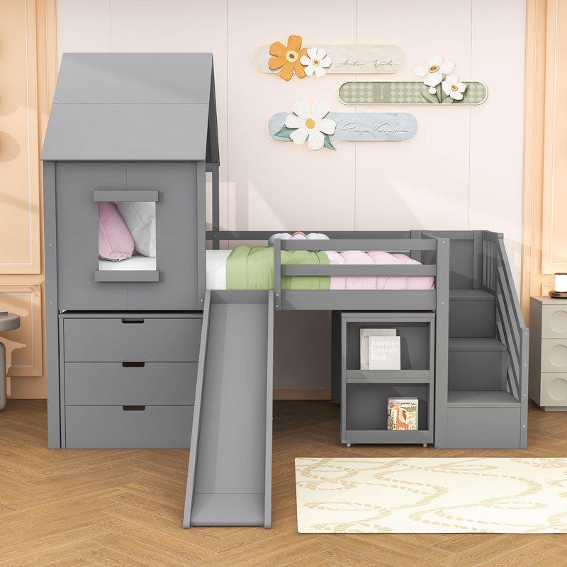 Twin Wooden House-Style Loft Bed with Built-in Slide, Stairs, and Storage, Gray
