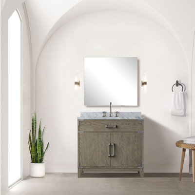 Meuble-lavabo simple, 36 po X P 22 po, chêne gris, plateau en marbre, miroir 34, compartiment intérieur à fermeture en douceur, tiroirs finis à la main