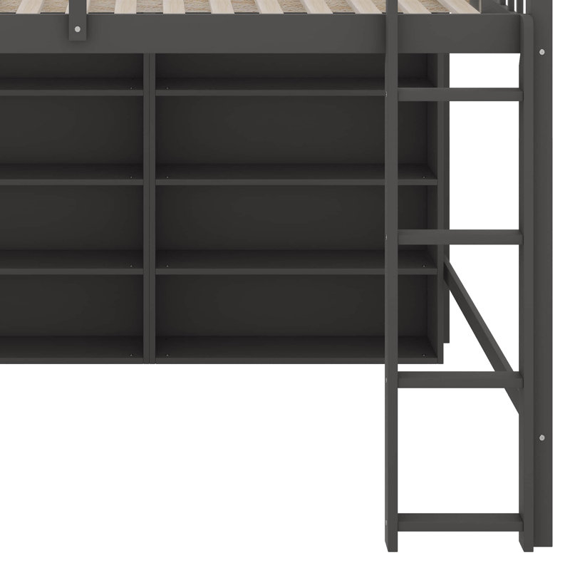 Lit mezzanine double avec 8 tablettes ouvertes, Gris antique