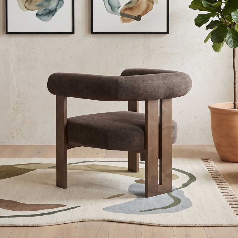 Fauteuil d'appoint moderne rembourré avec accoudoirs arrondis et piètement robuste en bois à trois pieds, Noyer brun foncé