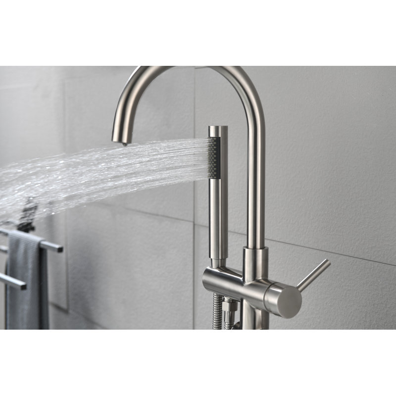 Robinet de baignoire autoportant fixé au sol avec douche à main et bec pivotant à 360 °, nickel brossé