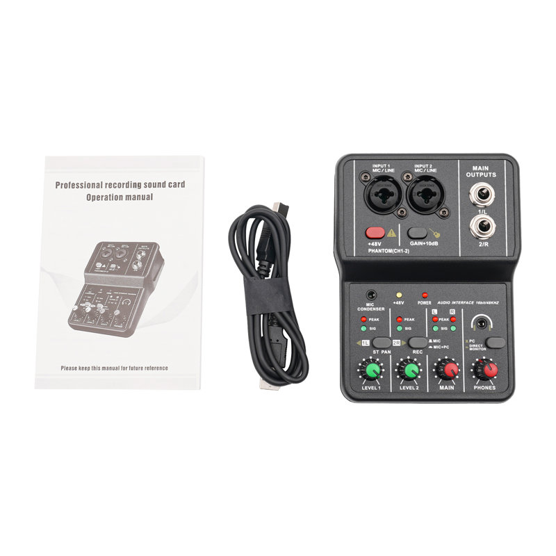 Portable 2 Channel Audio Mixer with 48V Phantom Power