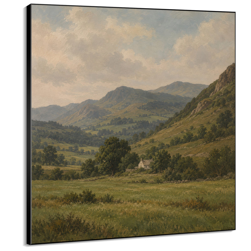 Extra Large Wall Art Fabric Print - Green Mountain Valley with Country Cottage for Living Room or Bedroom - "Frame Assembly Required (Unfinished Frame)"