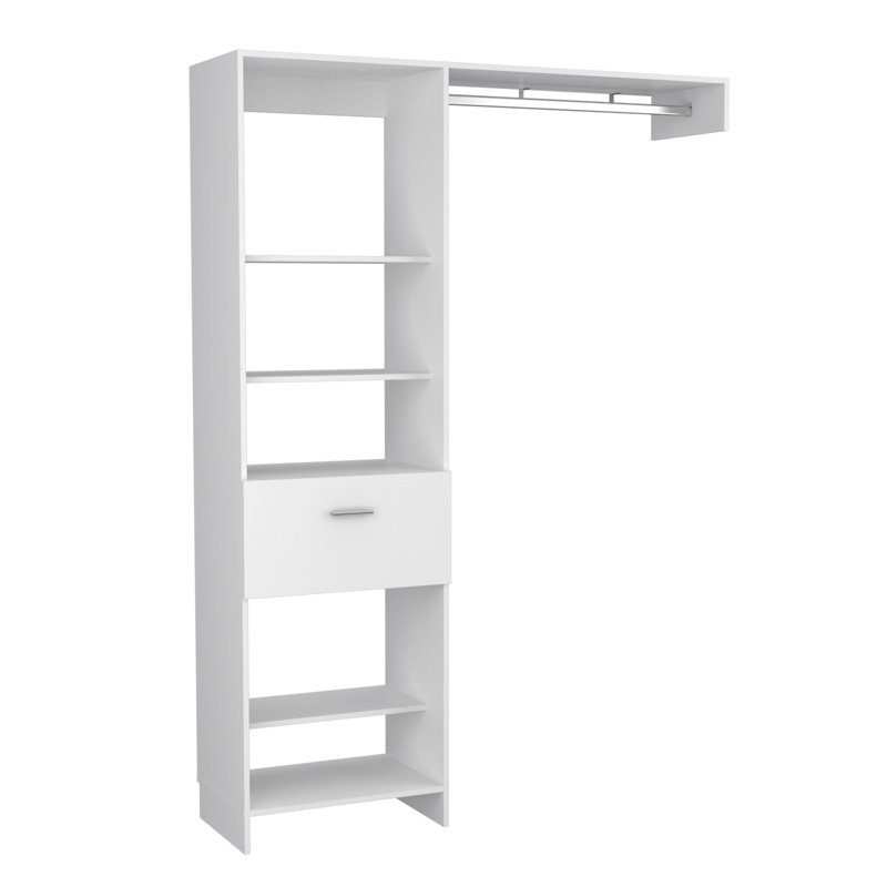 Système de placard hybride, cinq tablettes ouvertes, un tiroir, tringle en métal