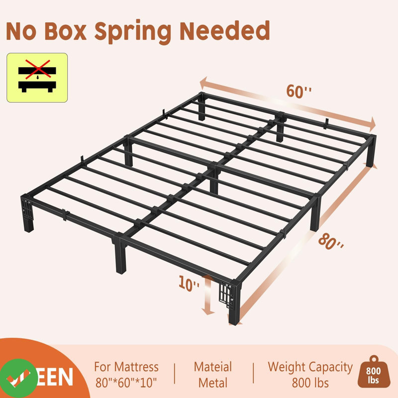 800 Lbs Bed Frame Twin Size/Queen Size 10 Inch Sturdy Metal Platform w/ Durable Iron Slat Support and Legs, Easy Assembly