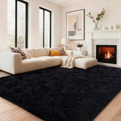 Fluffy Soft Rug Solid Black Design Pet-Friendly Non-Slip & Durable Perfect for Home Decor Ideal for Indoor Area Decor
