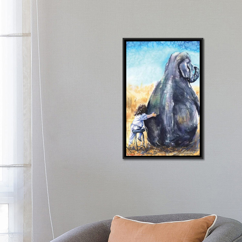 " Child With Elephant " by George Dyachenko, 26" H x 18" W x 1.5" D, Black Framed Canvas, No Mat