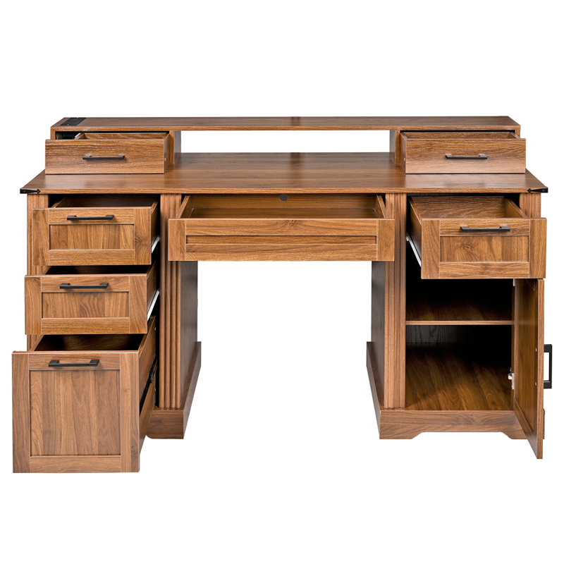 Bureau d'ordinateur 59 "avec station de charge et porte de grange, bureau d'ordinateur avec tiroir classeur, plateau à clavier 59"