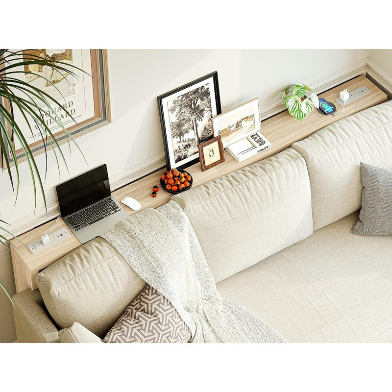 Long Sofa Table with Charging Station, Narrow Console Table Behind Couch, Industrial Entryway Table with Angled Metal Frame, Light Walnut