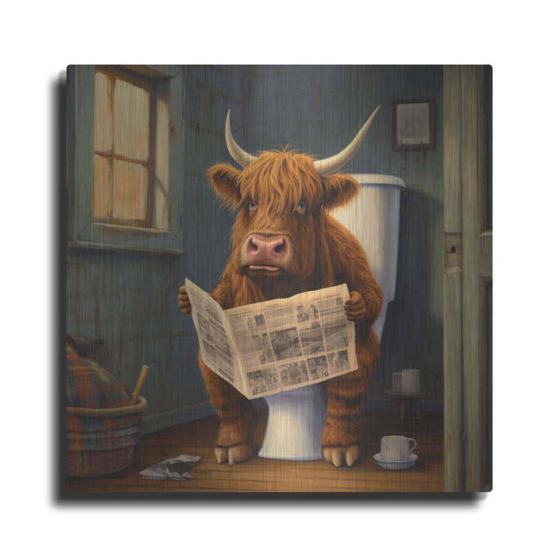 " Highland Cow On Toilet " by Luxe Metal Portfolio, 36" H x 36" W