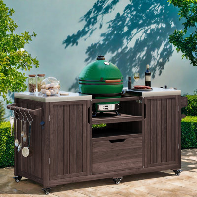 Outdoor Kitchen Island With Stainless Steel Top, 1 Drawer, Storage Shelves, Sturdy Spice Rack, Paper Towel Rack, 5 S-hook Hangers, And A Bottle Opener