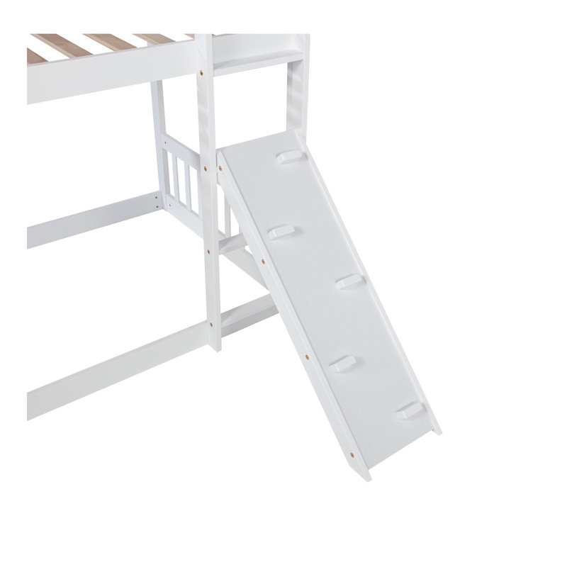 Lit superposé simple au-dessus d'un lit simple, lit superposé au sol avec rampe d'escalade, échelle, garde-corps de sécurité, blanc