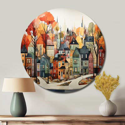 Autumn Vintage Orange Village - Cityscapes Round Metal Art